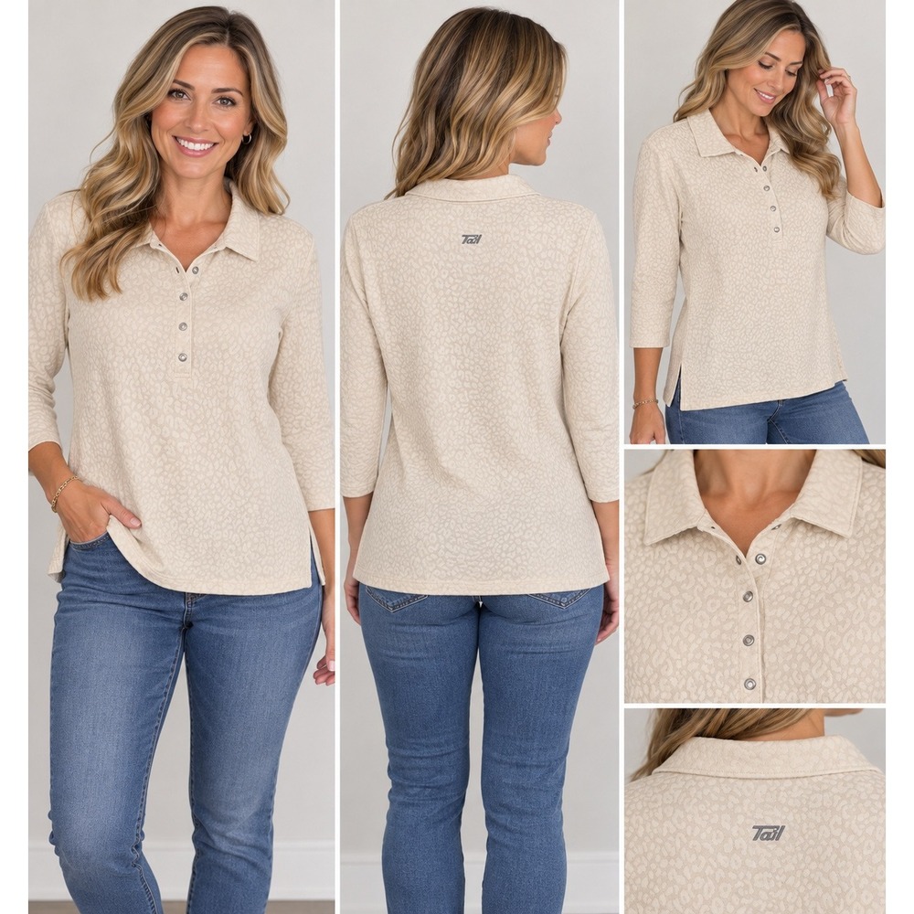 Tail Tech Womens Cream Tonal Leopard Jacquard 3/4 Sleeve Snap Polo Shirt Medium